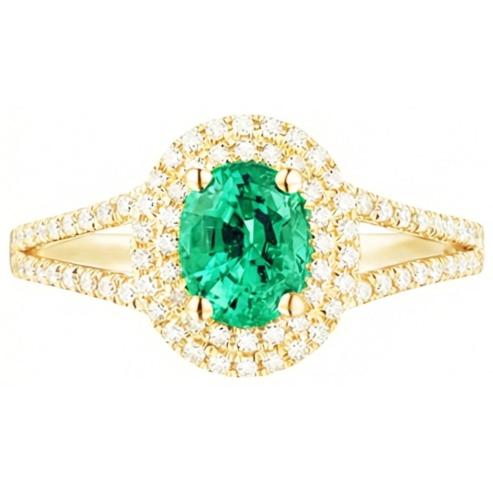 Smeraldo verde di forma ovale in oro 14K con anello di diamanti tondo 6 carati