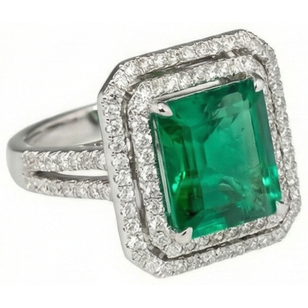 Smeraldo verde taglio principessa da 10 ct con anello di diamanti