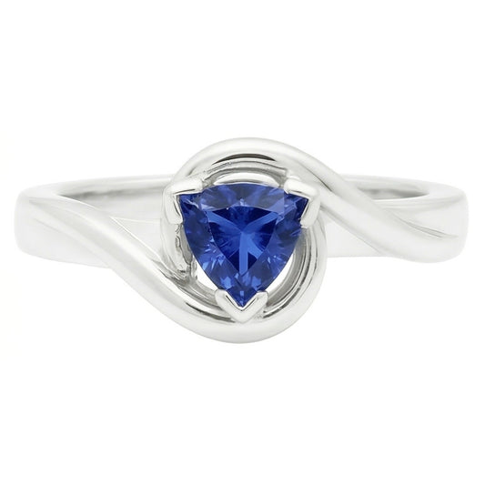 Solitaire Trillion V Prong Blue Sapphire Ring 0,50 carati di diamanti con oro bianco 14K