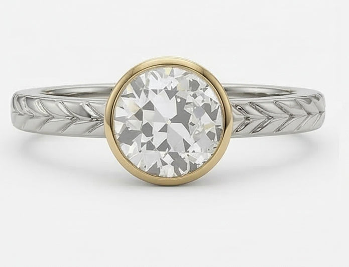 Solitaire Vecchio Minatore Genuino Diamante Naturale Autentico ( non creato in laboratorio ) Ring Bezel Set Stile Vintage 1,5 Carati