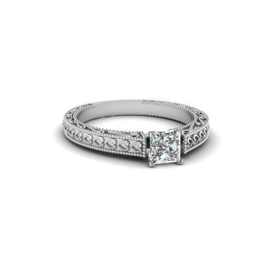 Solitaire Princess 1 Carat Vero Diamond Antique Look Anello Oro Bianco 14K
