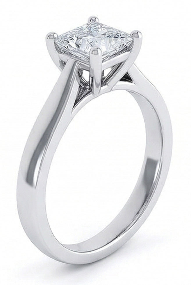 Solitario A Taglio Radiante. Anello Nuziale Con Naturale Diamante Da 1.10 Carati. Oro Bianco 14K