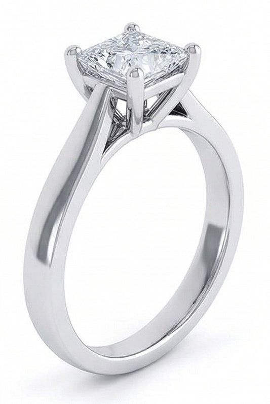 Solitario A Taglio Radiante. Anello Nuziale Con Naturale Diamante Da 1.10 Carati. Oro Bianco 14K
