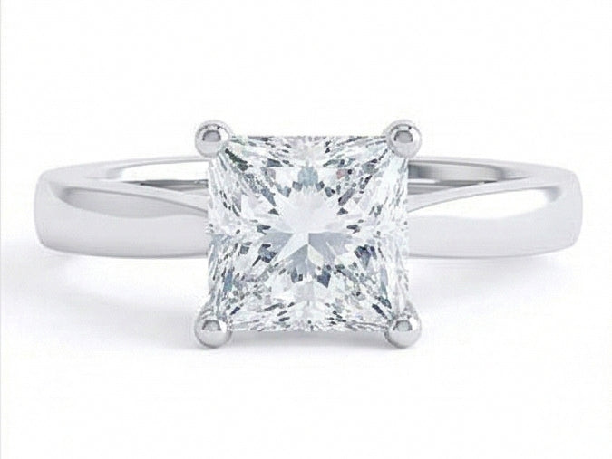 Solitario A Taglio Radiante. Anello Nuziale Con Naturale Diamante Da 1.10 Carati. Oro Bianco 14K