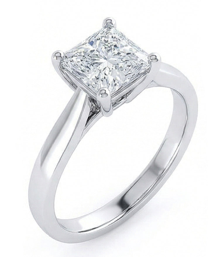 Solitario A Taglio Radiante. Anello Nuziale Con Naturale Diamante Da 1.10 Carati. Oro Bianco 14K