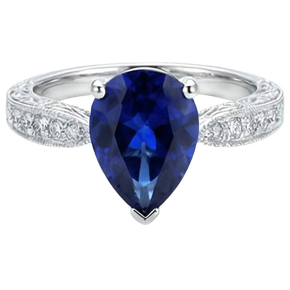 Solitario Con Accenti Anello Milgrain Gambo Blu Zaffiro 3.50 Carati