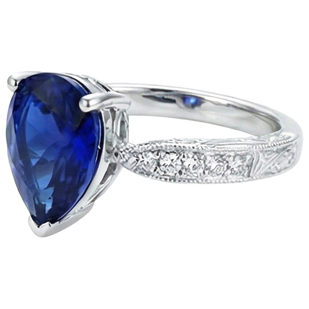 Solitario Con Accenti Anello Milgrain Gambo Blu Zaffiro 3.50 Carati