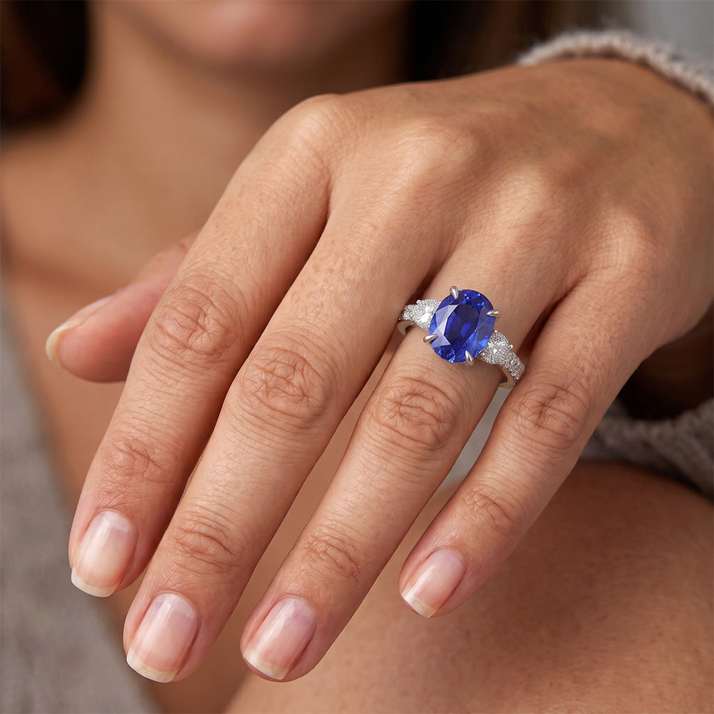 Solitario Gioiello Con Diamanti Naturali Autentici ( non creati in laboratorio ) Con Accenti Anello Zaffiro Blu 4.50 Carati