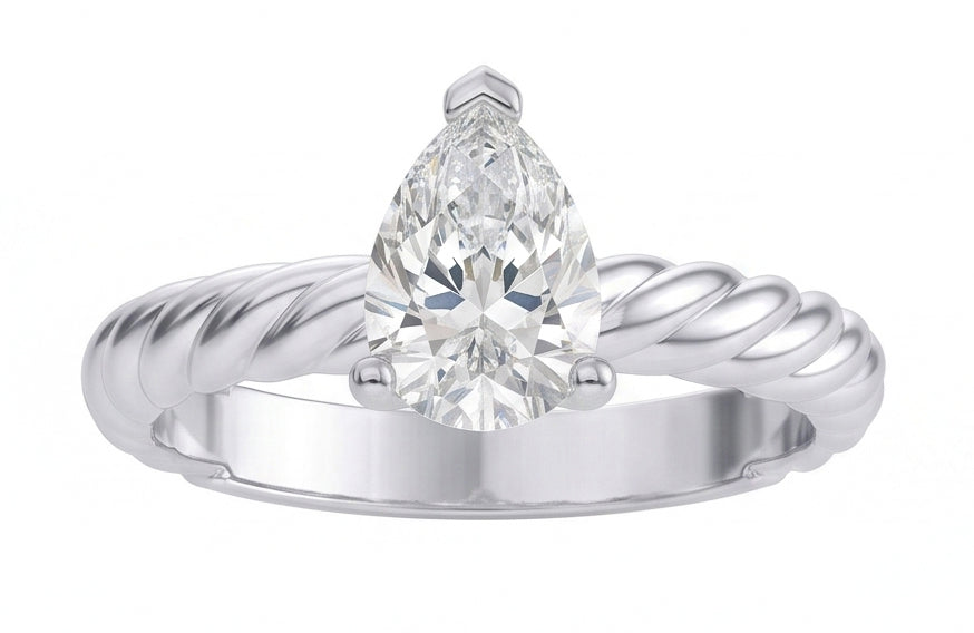 Solitario Pera Naturale Diamante Naturale Autentico ( non creato in laboratorio ) 1.5 Carati Fede Nuziale Stile Corda Con Gambo