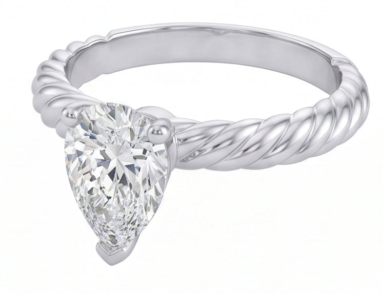Solitario Pera Naturale Diamante Naturale Autentico ( non creato in laboratorio ) 1.5 Carati Fede Nuziale Stile Corda Con Gambo