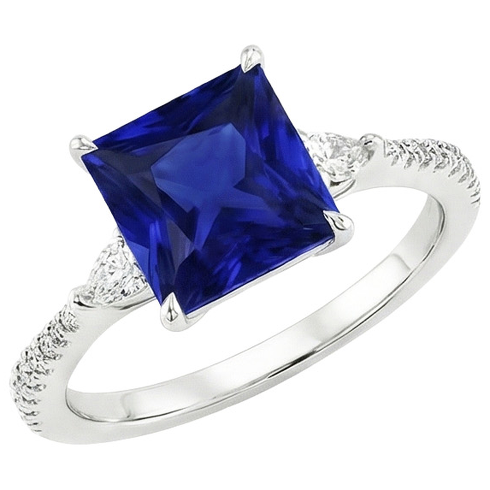 Solitario Princess Blue Sapphire Pear & Round Diamond Accenti 6 Carati