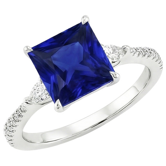 Solitario Princess Blue Sapphire Pear & Round Diamond Accenti 6 Carati