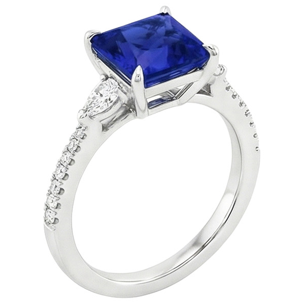 Solitario Princess Blue Sapphire Pear & Round Diamond Accenti 6 Carati
