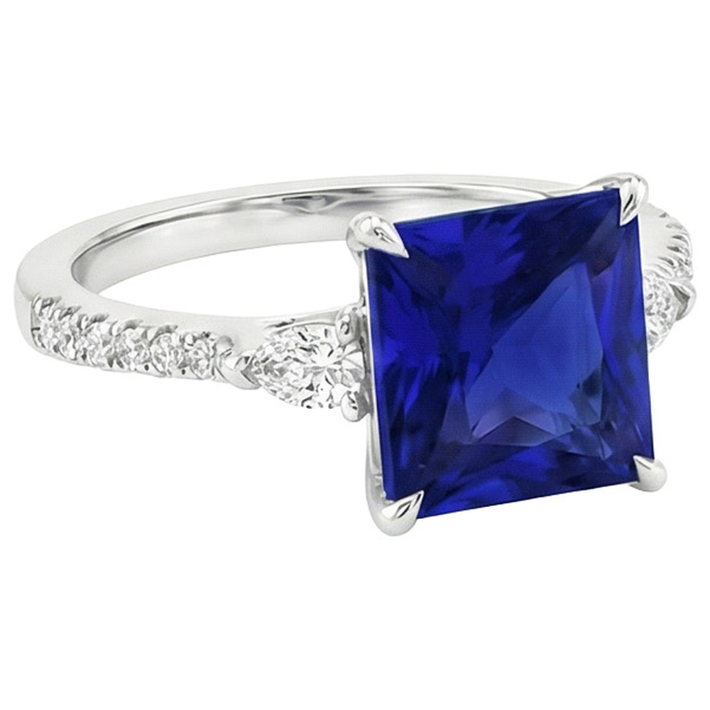 Solitario Princess Blue Sapphire Pear & Round Diamond Accenti 6 Carati