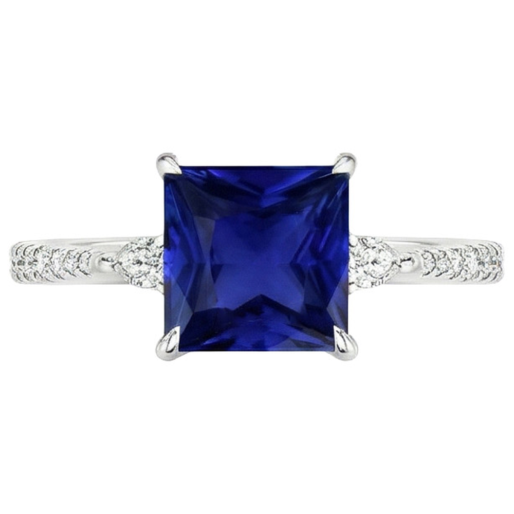 Solitario Princess Blue Sapphire Pear & Round Diamond Accenti 6 Carati
