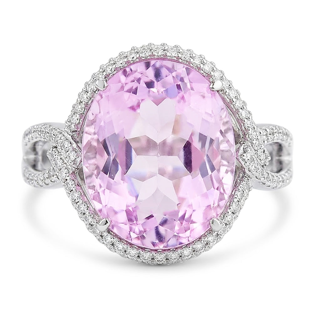 Solitario con accento 33 carati Kunzite con diamanti Anello in oro 14 carati