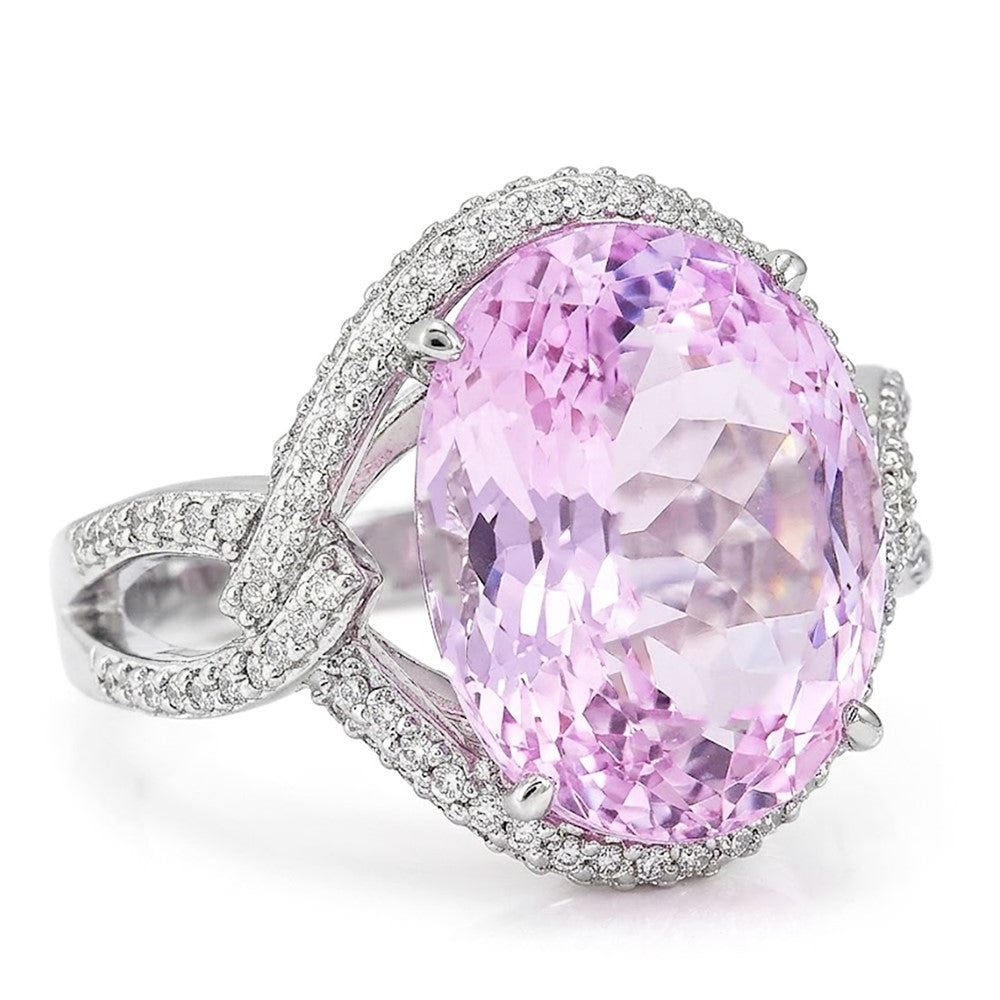 Solitario con accento 33 carati Kunzite con diamanti Anello in oro 14 carati