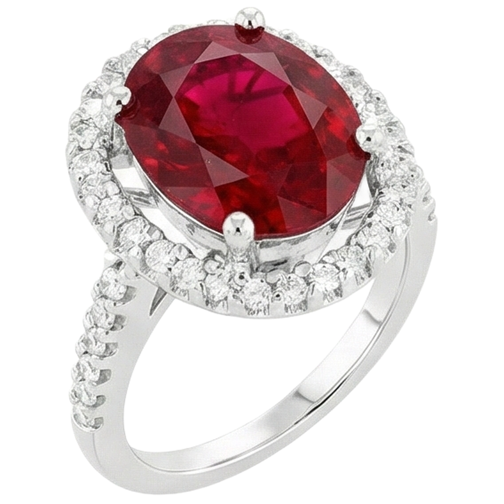 Solitario con accento 7 ct. Anello Rubino E Diamanti Oro Bianco 14K