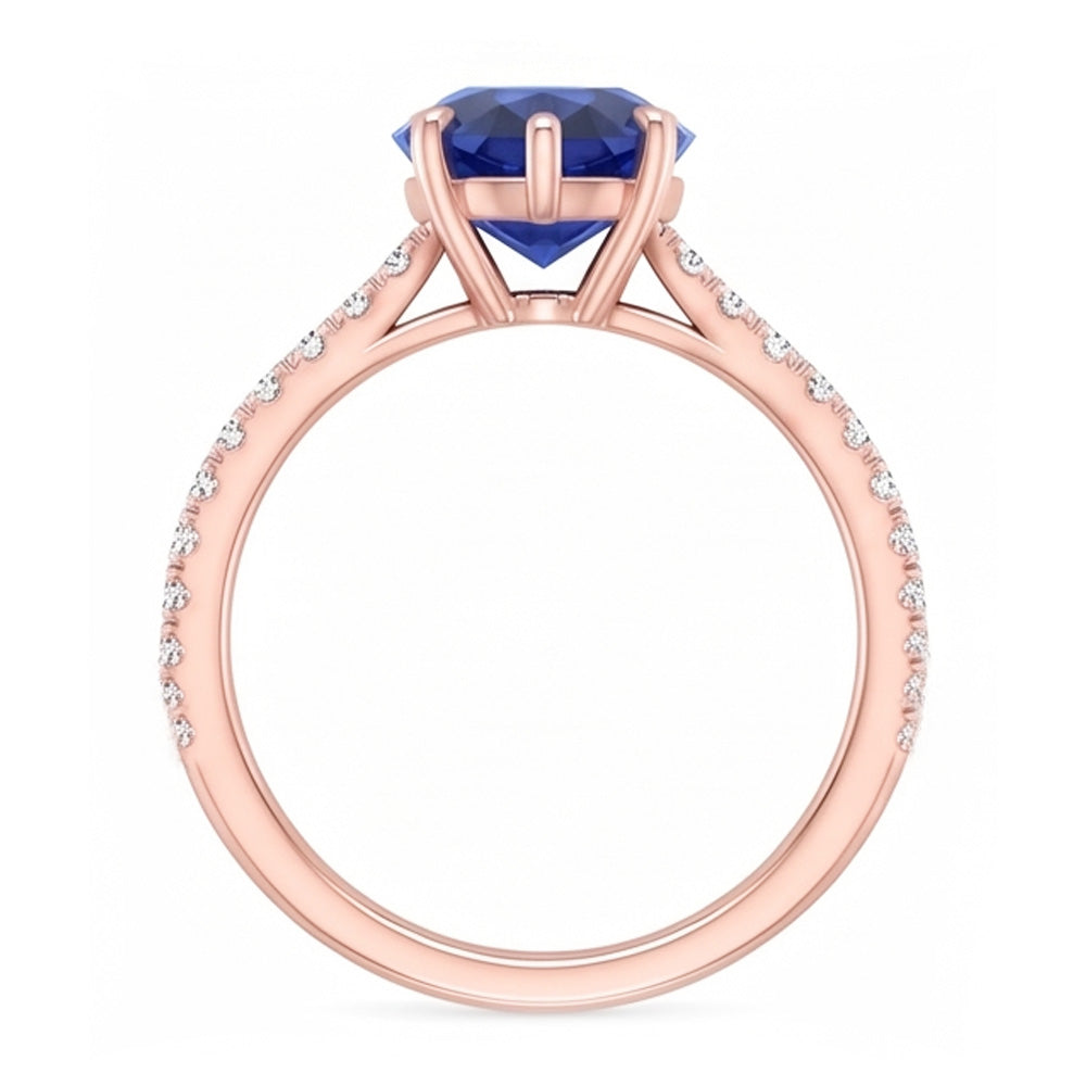 Solitario con pietra preziosa. anello con zaffiro blu e pavé di diamanti. 3.50 carati
