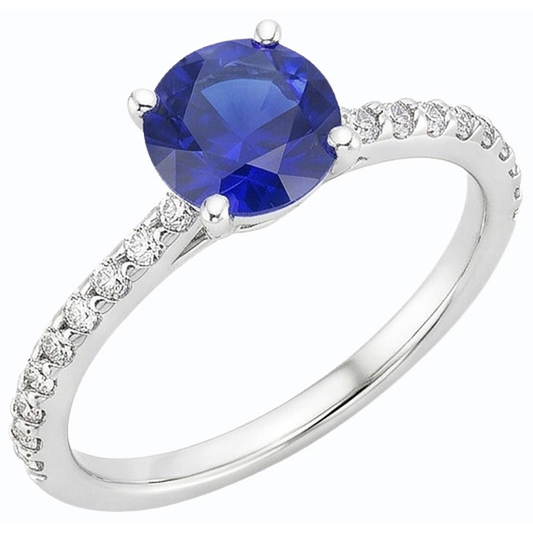 Solitario con zaffiro blu da 3.50 carati e accenti di diamanti rotondi a 4 punte