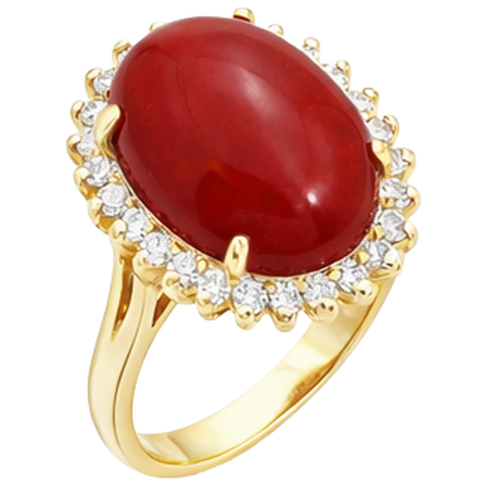 Solitario da 13.25 ct con corallo rosso accento con diamanti in oro giallo