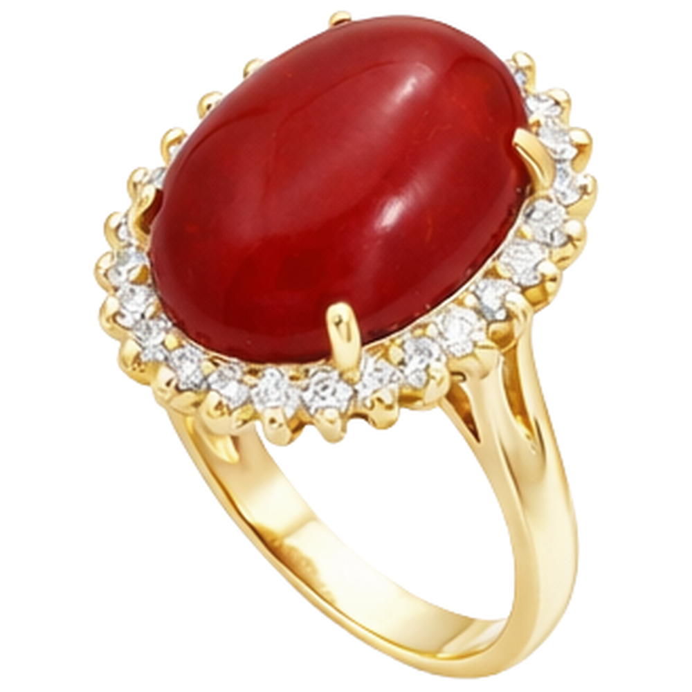 Solitario da 13.25 ct con corallo rosso accento con diamanti in oro giallo