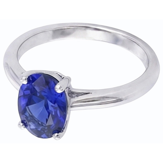 Solitario ovale con gemme anello polo zaffiro blu naturale 1 carato e oro bianco 14K