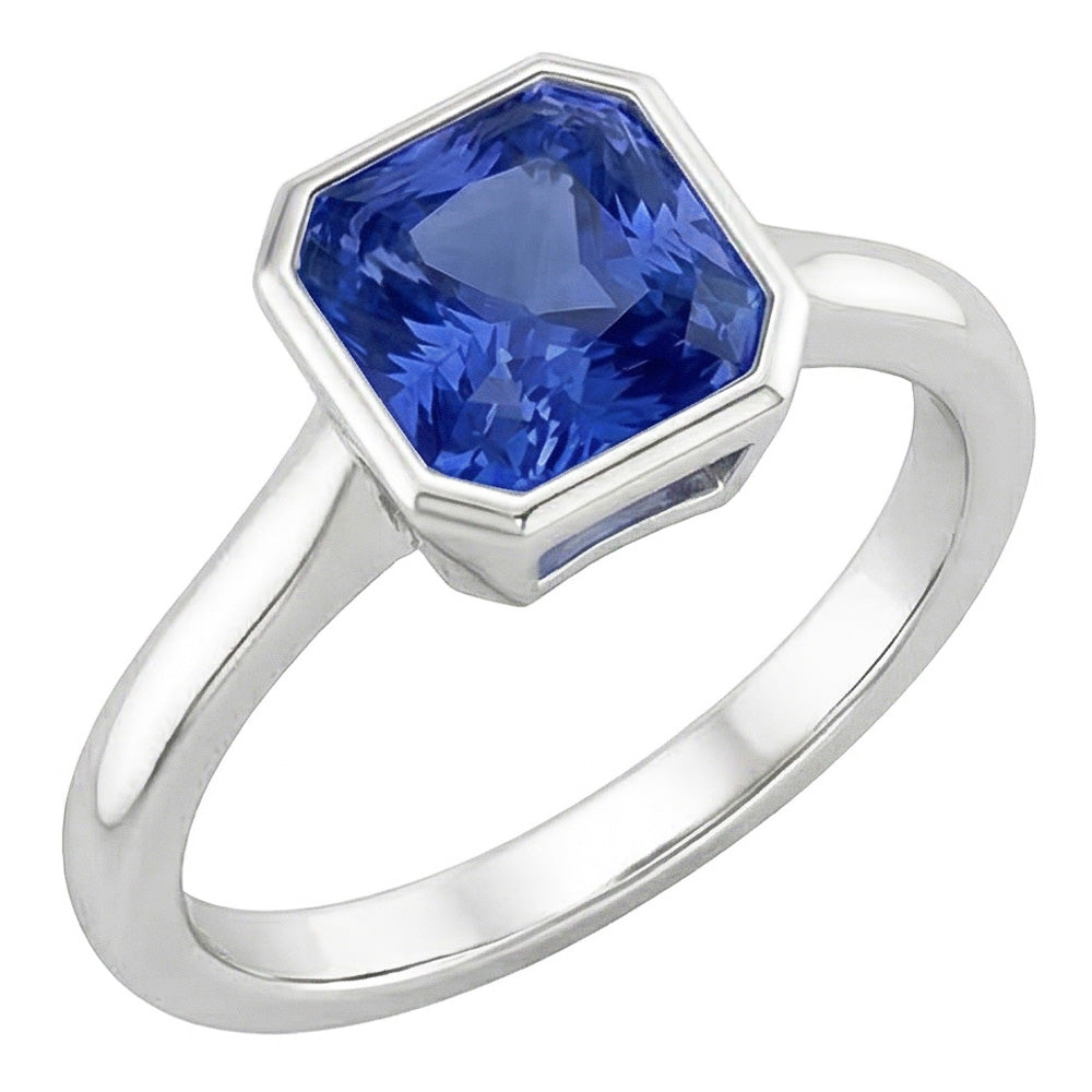Solitario per donne. Set di lunette da 1 carato. anello con zaffiro blu naturale e oro bianco 14K