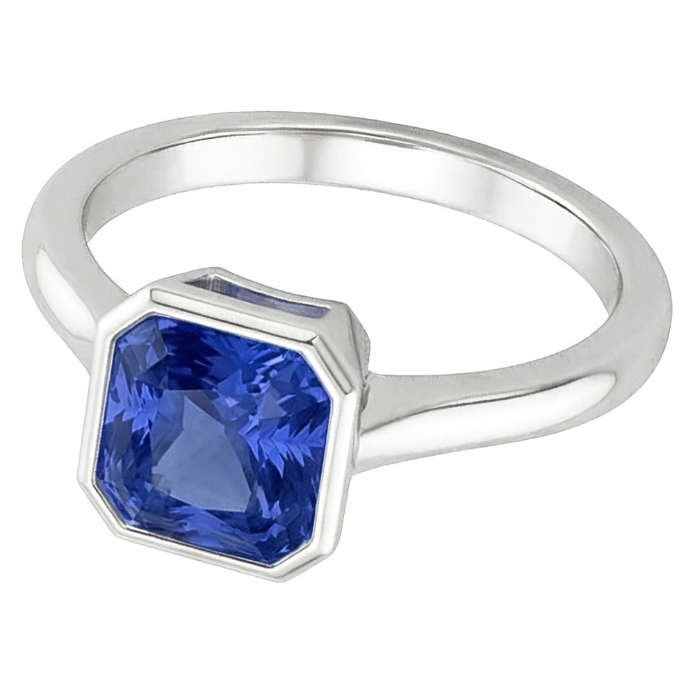 Solitario per donne. Set di lunette da 1 carato. anello con zaffiro blu naturale e oro bianco 14K