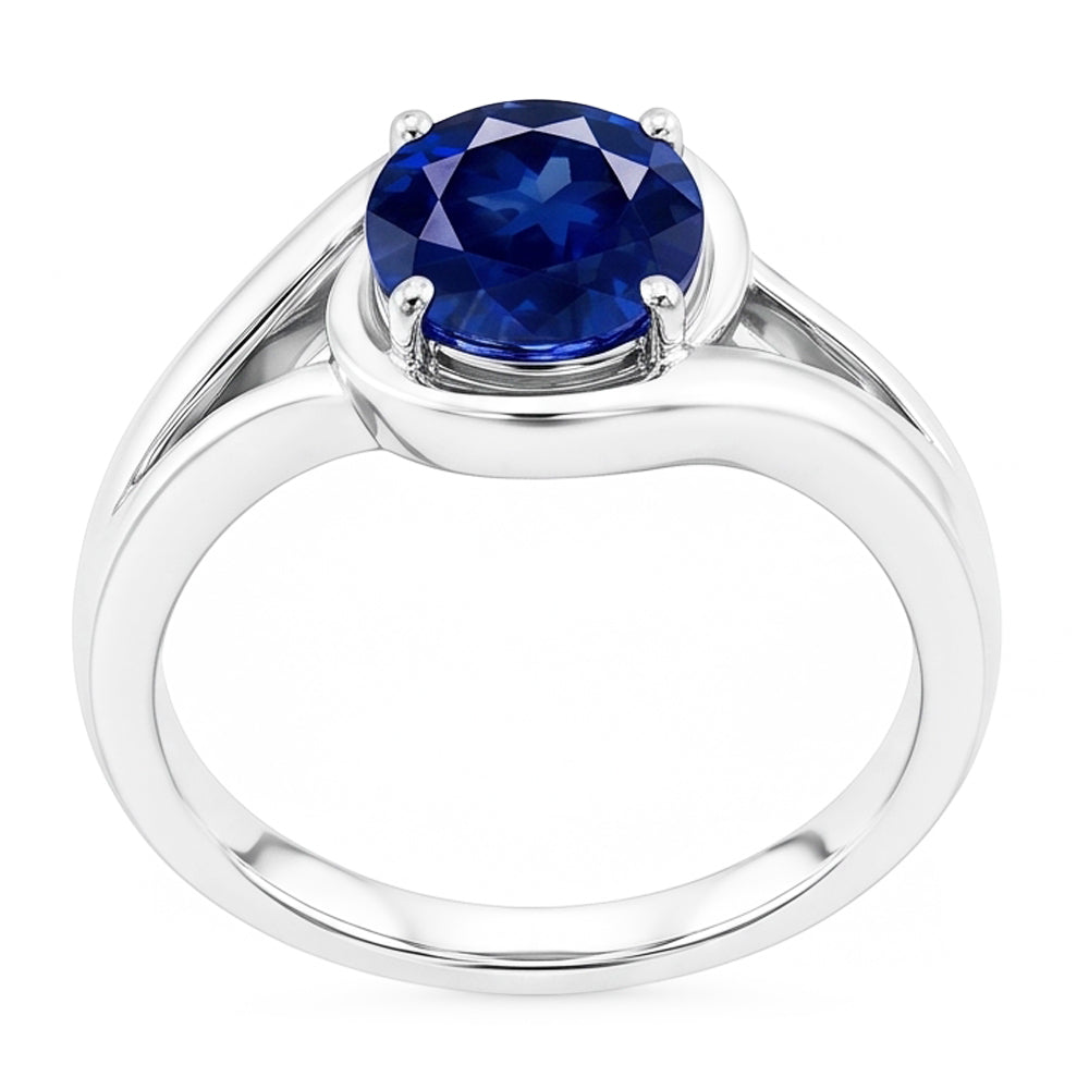 Solitario rotondo con zaffiro blu anello con gambo diviso in oro 2 carati