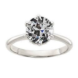 Solitario Anello Rotondo Con Vero Diamanti A Taglio Antico, 6 Griffe, 2,50 Carati