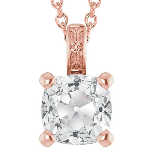 Solitario Grande Ciondolo 5 Carati Cuscino Vero Diamante Chili Vecchio Minatore Catena Diapositiva In Oro Bianco 14K