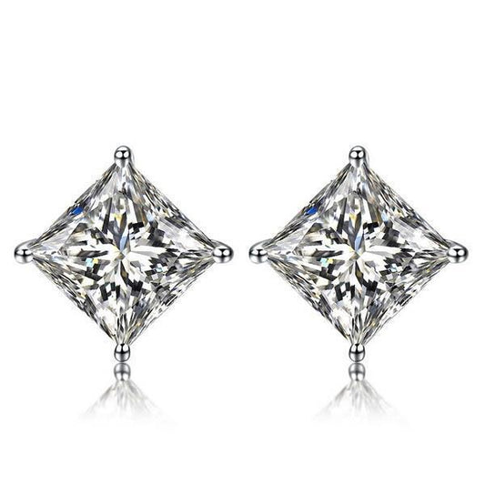 Splendido Orecchino A Bottone Con Vero Diamanti Taglio Principessa, Gioielli In Oro Da Donna, 3 Ct.