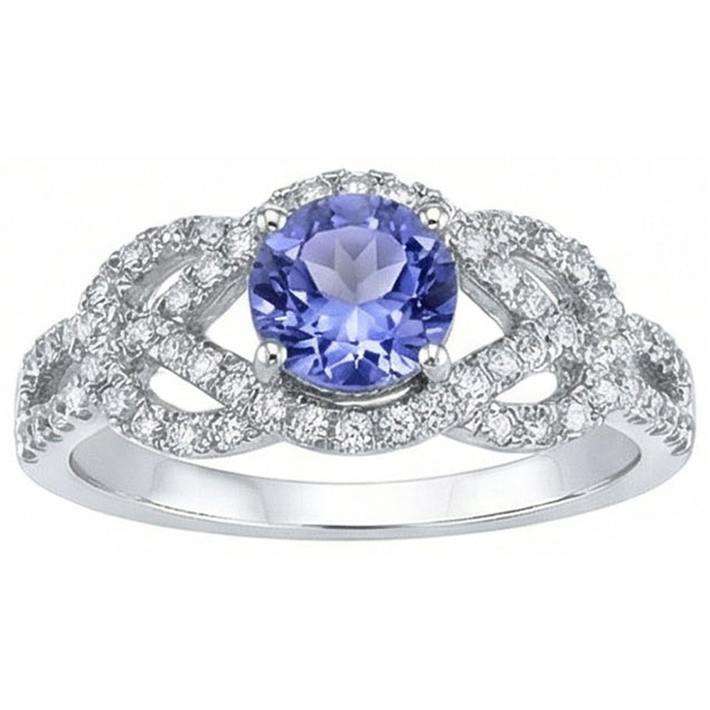Spumante 6 Ct. Anello con zaffiro rotondo di Ceylon e diamanti in oro bianco 14K