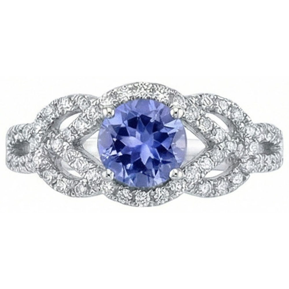 Spumante 6 Ct. Anello con zaffiro rotondo di Ceylon e diamanti in oro bianco 14K