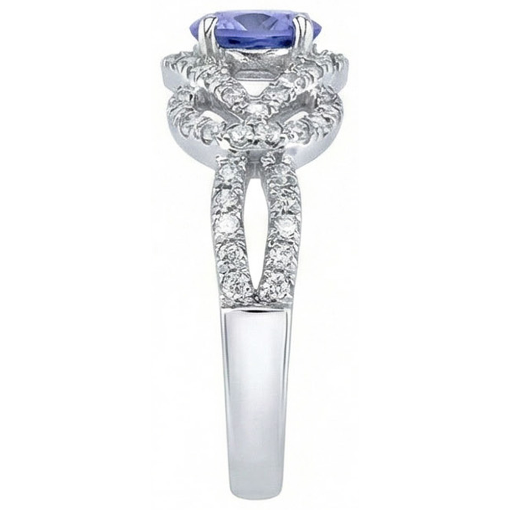 Spumante 6 Ct. Anello con zaffiro rotondo di Ceylon e diamanti in oro bianco 14K
