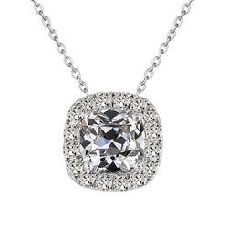 Oro Bianco 14K Cuscino Antico Diamante Fine Pendente 3,50 carati