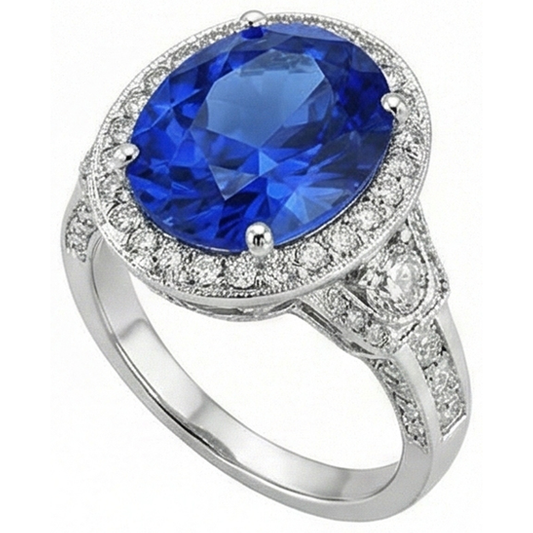 Sri Lanka. zaffiro blu. diamanti. anello. 5.33 carati. oro bianco 14K. nuovo
