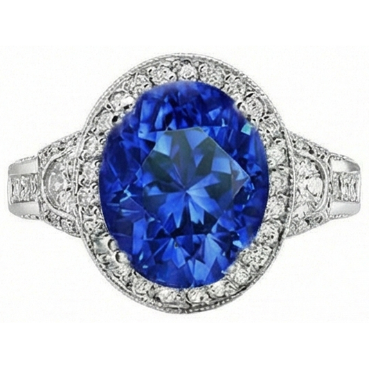Sri Lanka. zaffiro blu. diamanti. anello. 5.33 carati. oro bianco 14K. nuovo