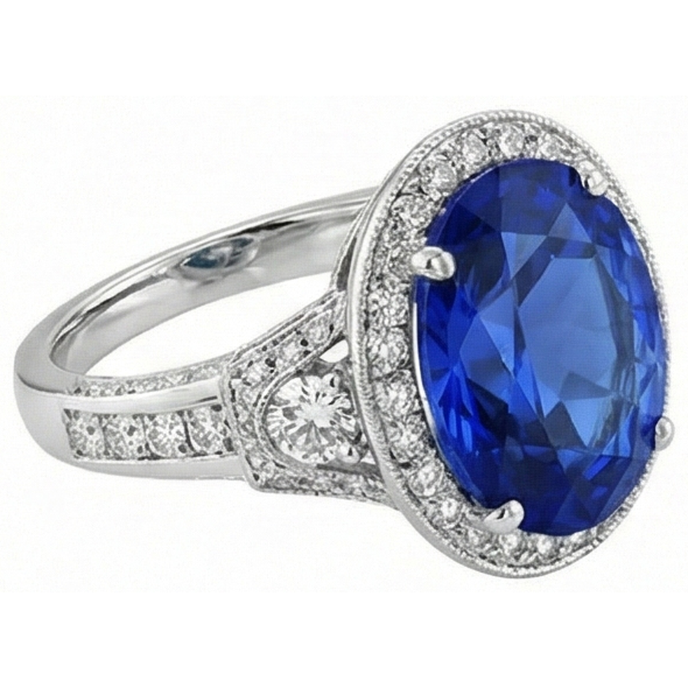 Sri Lanka. zaffiro blu. diamanti. anello. 5.33 carati. oro bianco 14K. nuovo