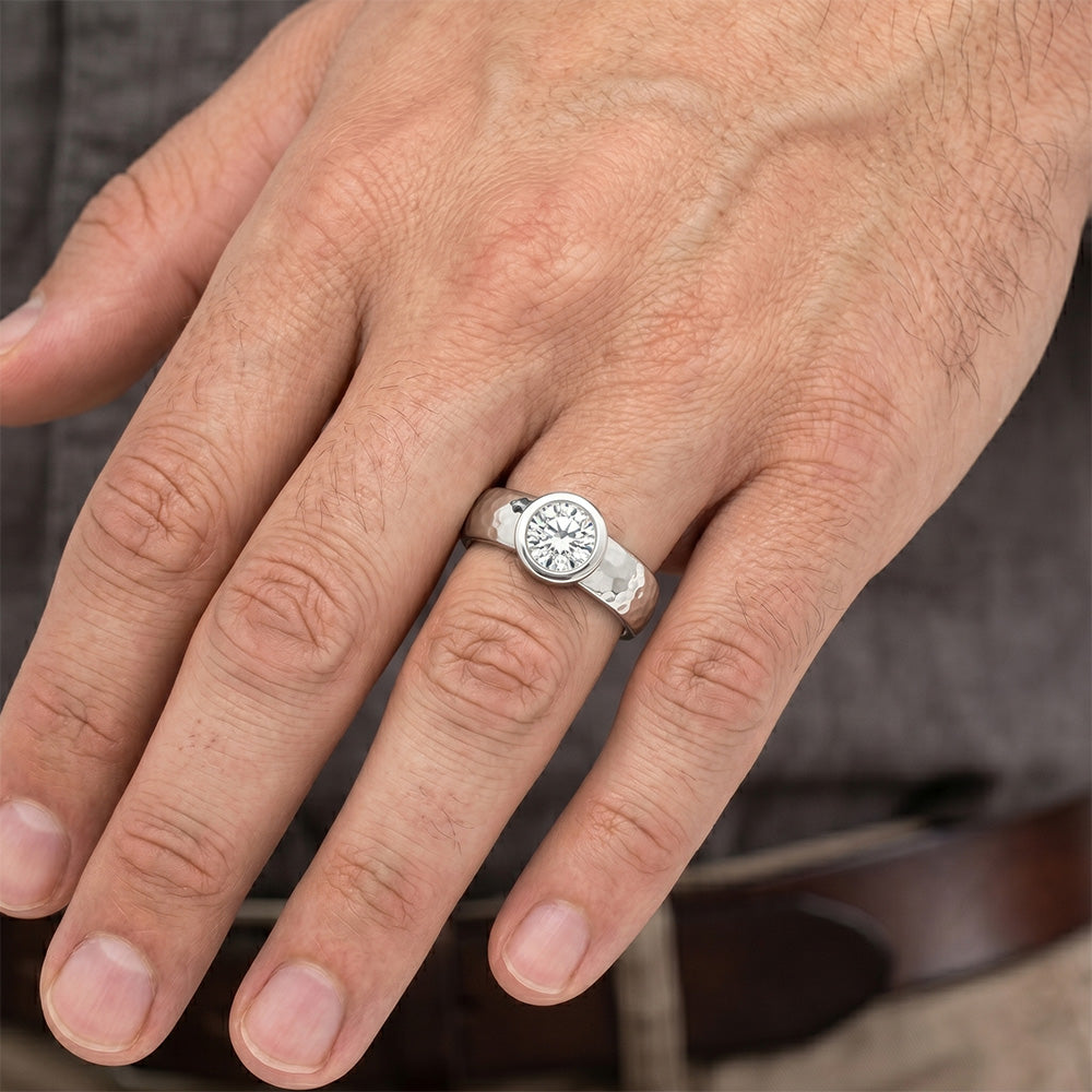 Taglio Rotondo Diamante Anello da Uomo in Oro Bianco 14K – 1