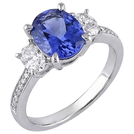 Taglio ovale 4.50 ct. Anello in stile tanzanite con diamanti 3 pietre 14K
