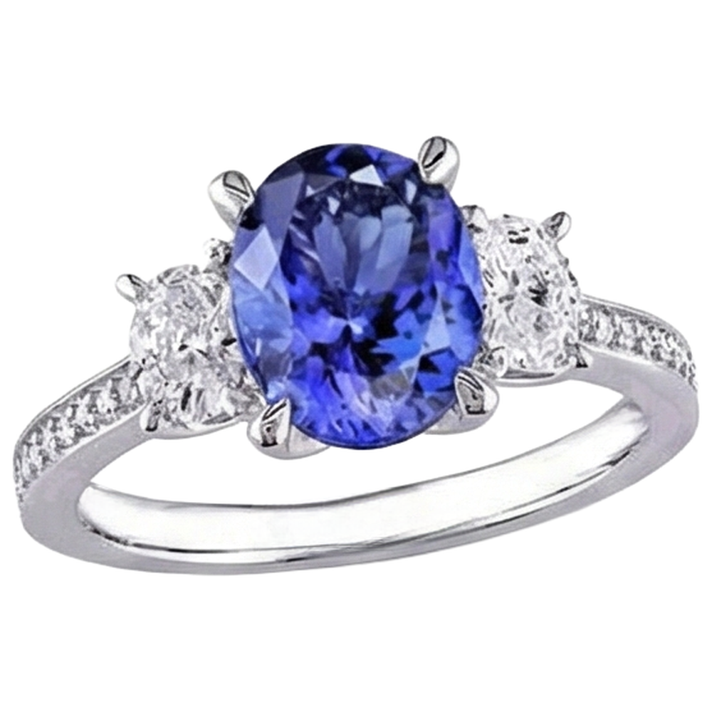 Taglio ovale 4.50 ct. Anello in stile tanzanite con diamanti 3 pietre 14K