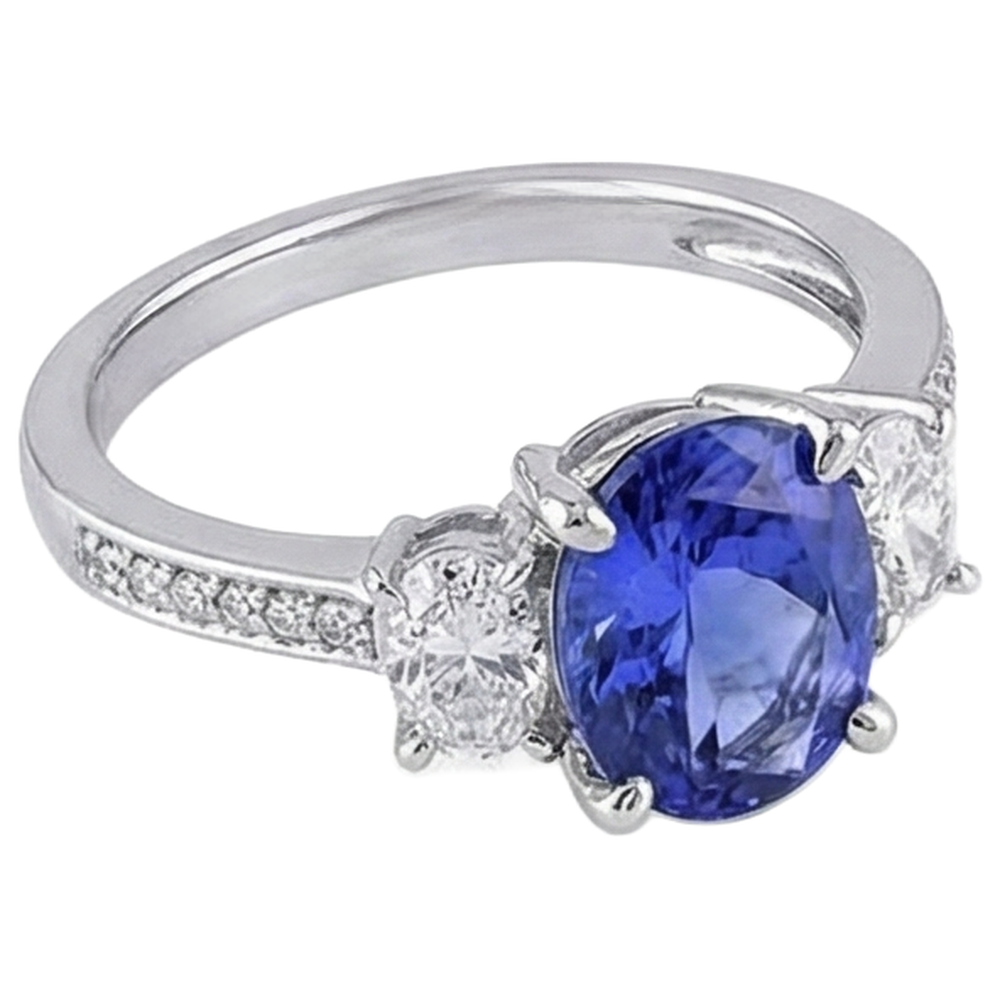 Taglio ovale 4.50 ct. Anello in stile tanzanite con diamanti 3 pietre 14K