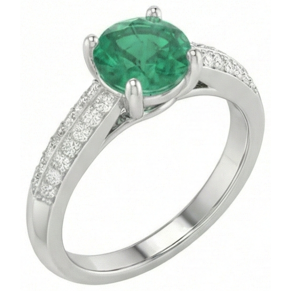 Taglio rotondo 2.60 ct. Anello Anniversario Verde Smeraldo E Diamanti Oro Bianco