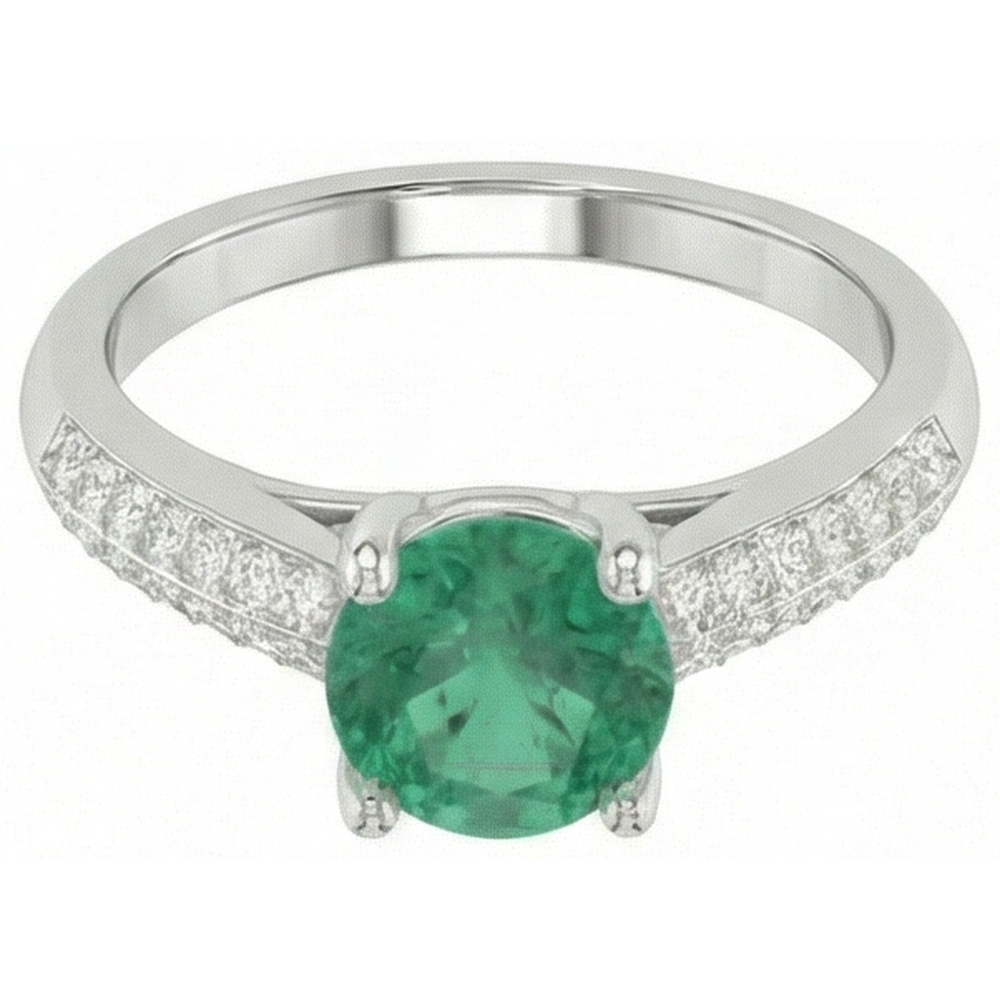 Taglio rotondo 2.60 ct. Anello Anniversario Verde Smeraldo E Diamanti Oro Bianco