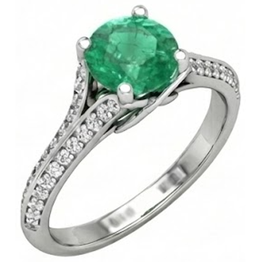 Taglio rotondo 3.20 ct. Fede nuziale con Verde smeraldo e diamanti Oro bianco 14K