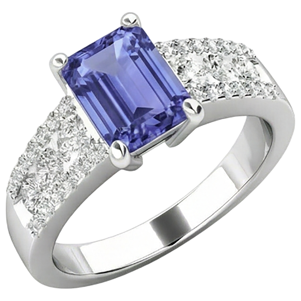 Tanzanite Con Diamanti Naturali Autentici ( non creati in laboratorio ) 15.50 Carati Fede Nuziale Oro Bianco 14K Nuovo