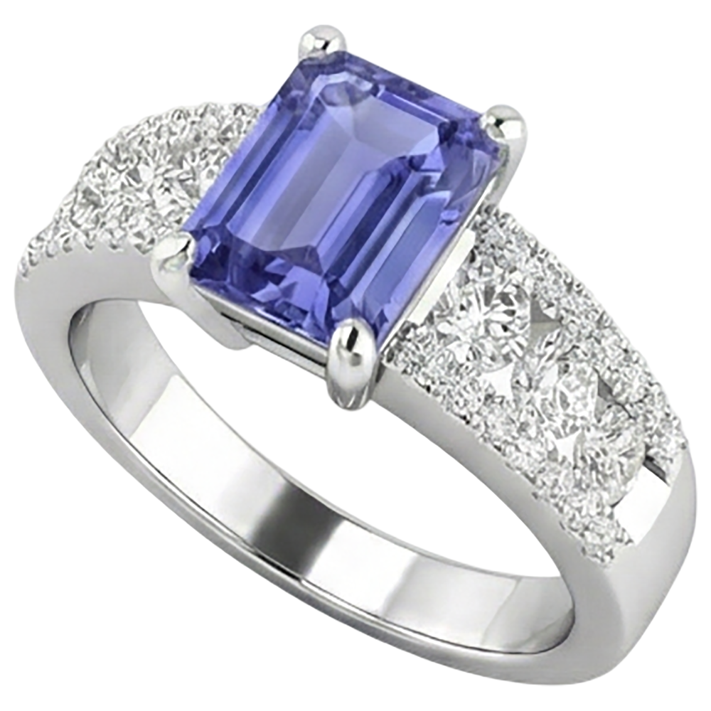 Tanzanite Con Diamanti Naturali Autentici ( non creati in laboratorio ) 15.50 Carati Fede Nuziale Oro Bianco 14K Nuovo