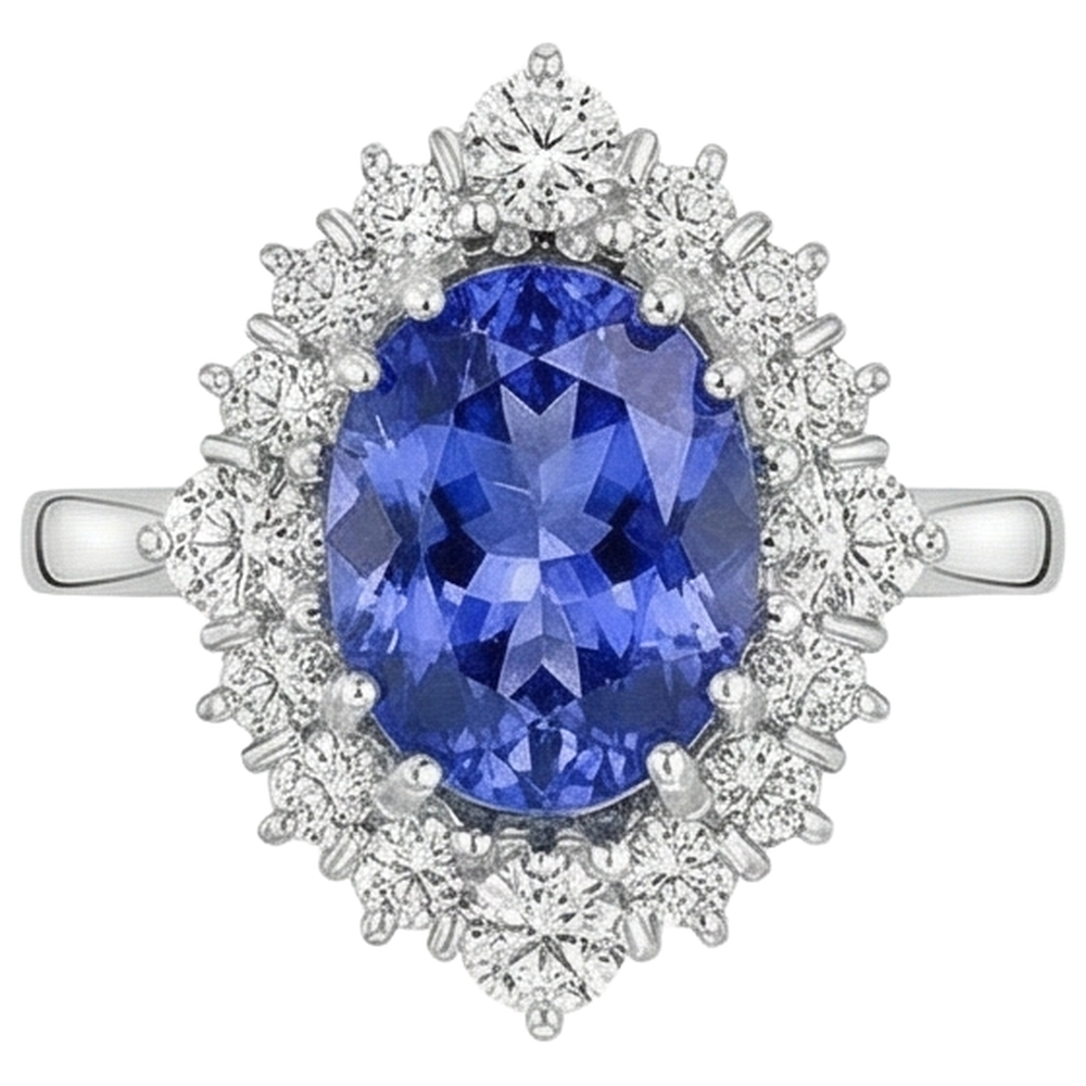 Tanzanite a taglio ovale con diamanti rotondi 5.20 ct Anello in oro bianco 14K